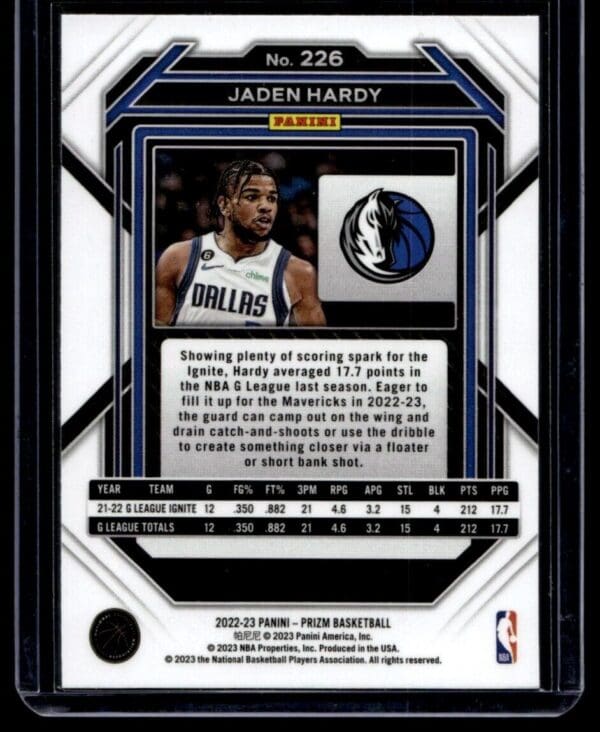 2022 Panini Prizm Dallas Mavericks #226 Jaden Hardy RC Rookie