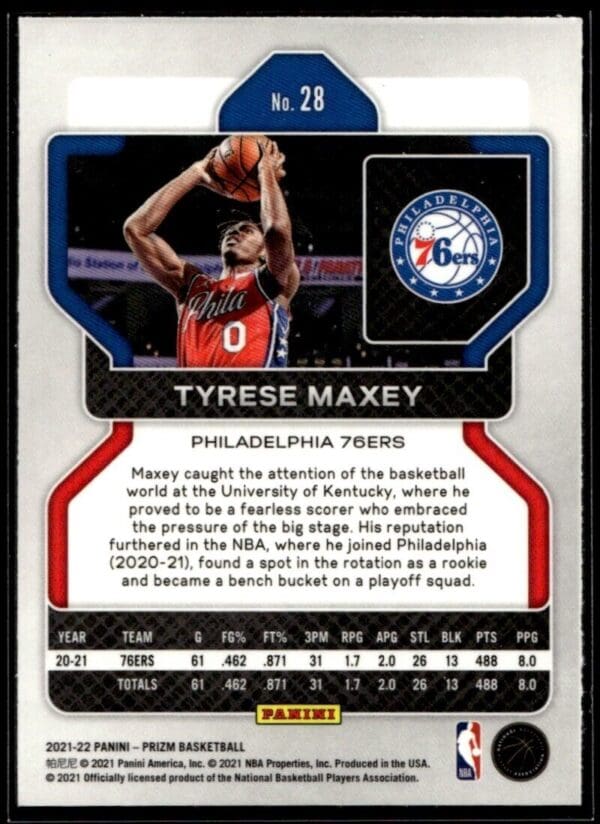 2022 Panini Prizm Philadelphia 76ers #28 Tyrese Maxey