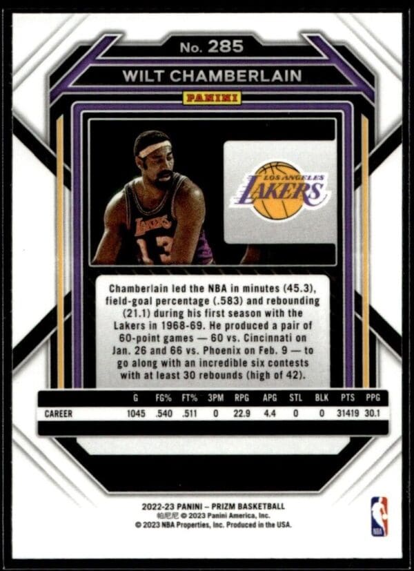 _10 2022 Panini Prizm Los Angeles Lakers #285 Wilt Chamberlain