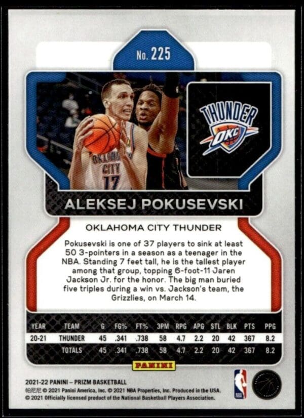 2022 Panini Prizm Oklahoma City Thunder #225 Aleksej Pokusevski
