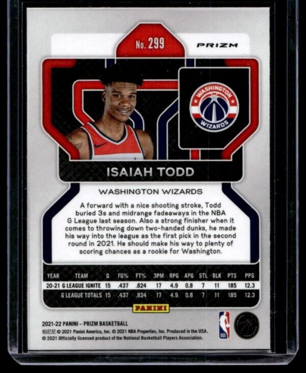 2022 Panini Prizm Washington Wizards #299 Isaiah Todd RC Rookie Silver