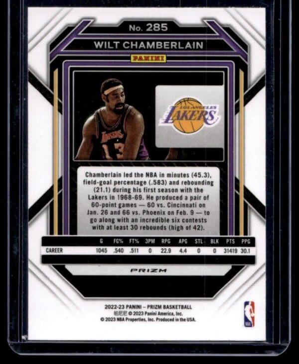 2022 Panini Prizm Los Angeles Lakers #285 Wilt Chamberlain