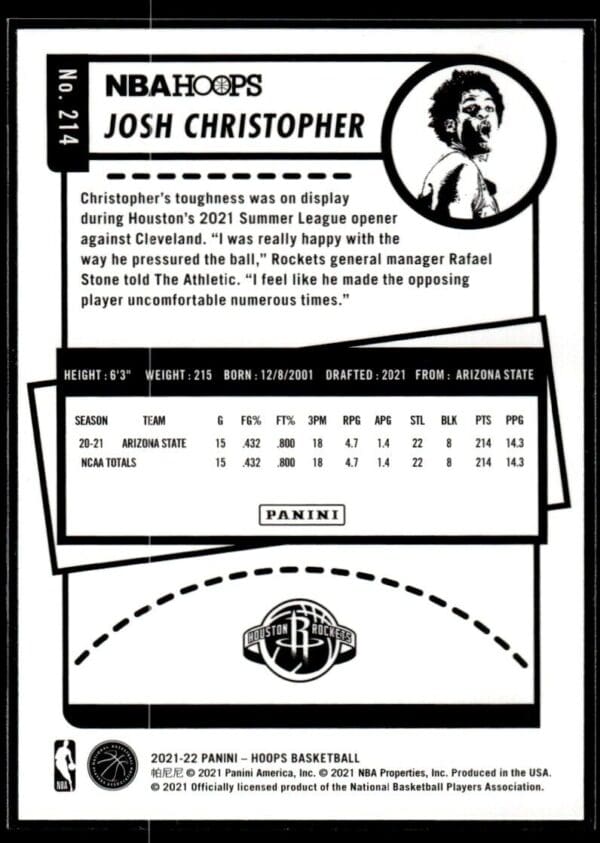 2021 NBA Hoops Houston Rockets #214 Josh Christopher RC Rookie