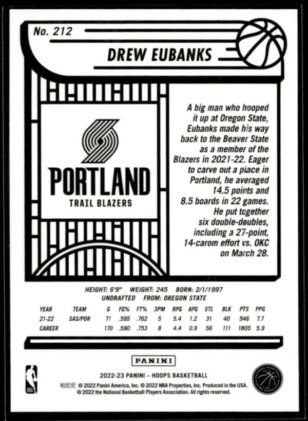 2022 Hoops Portland Trail Blazers #212 Drew Eubanks