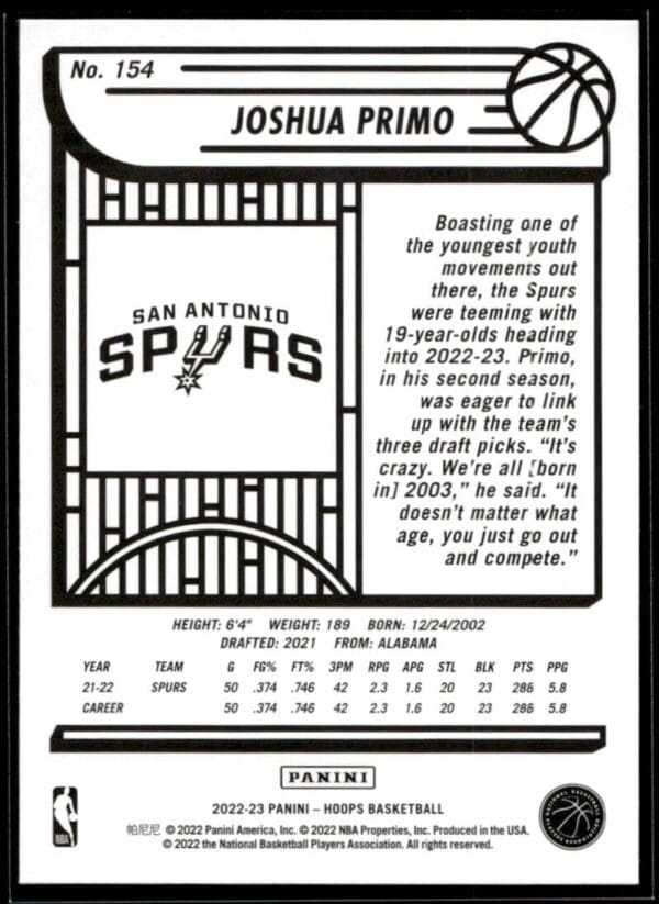 2022 Hoops San Antonio Spurs #154 Joshua Primo