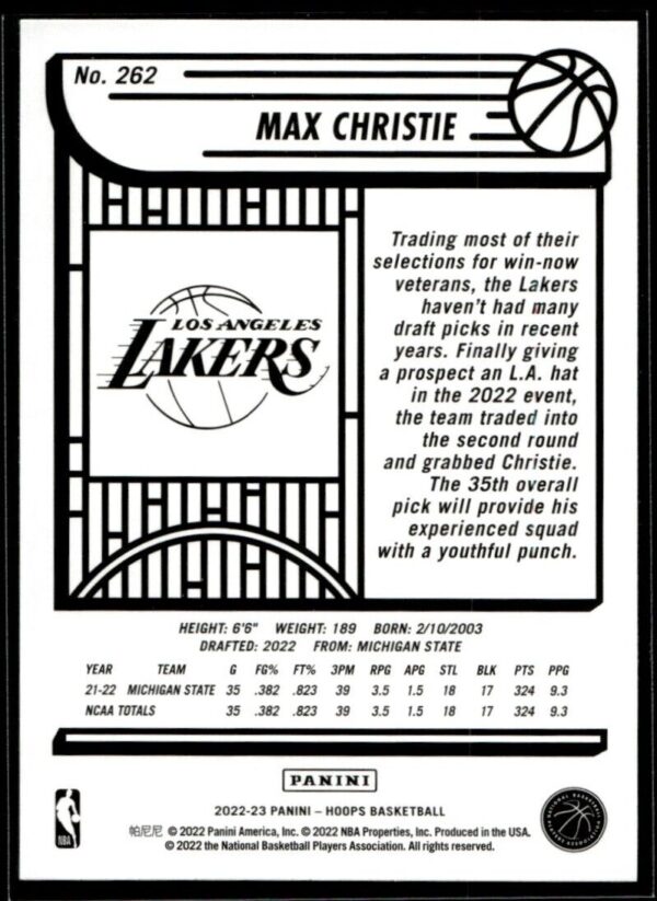 2022 Hoops Los Angeles Lakers #262 Max Christie RC Rookie