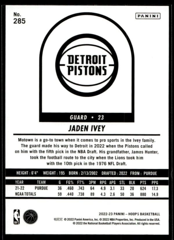 2022 Hoops Detroit Pistons #285 Jaden Ivey RC Rookie