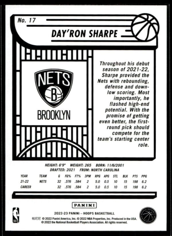 2022 Hoops Brooklyn Nets #17 Day'Ron Sharpe