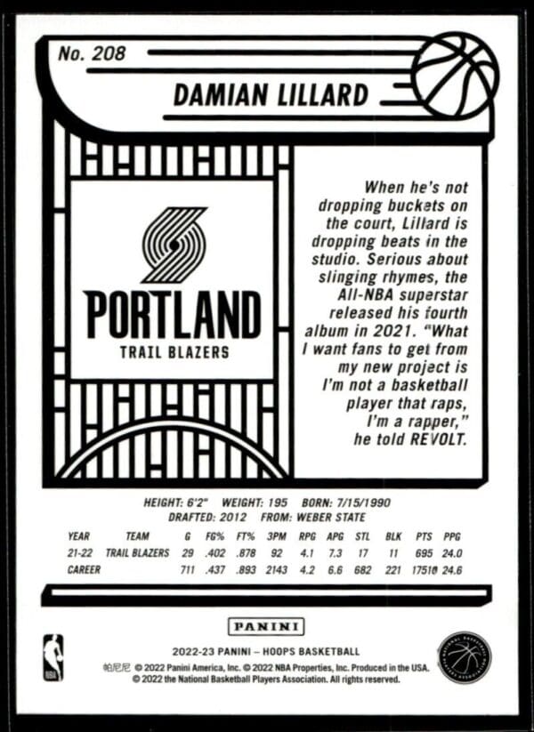 2022 Hoops Portland Trail Blazers #208 Damian Lillard