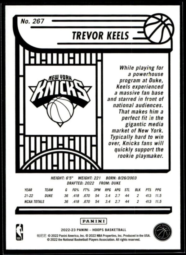2022 Hoops New York Knicks #267 Trevor Keels RC Rookie