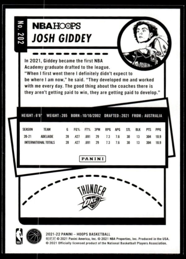 2021 NBA Hoops Oklahoma City Thunder #202 Josh Giddey RC Rookie