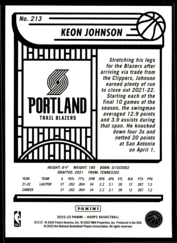 2022 Hoops Portland Trail Blazers #213 Keon Johnson