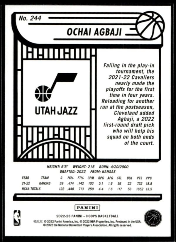 _10 2022 Hoops Utah Jazz #244 Ochai Agbaji RC Rookie