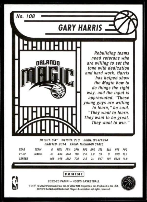 2022 Hoops Orlando Magic #108 Gary Harris