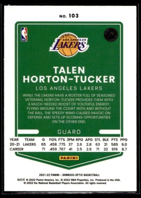 2021 Donruss Optic Los Angeles Lakers #103 Talen Horton-Tucker