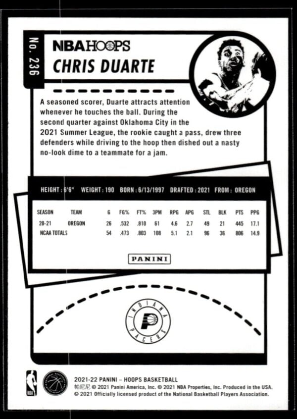 2021 NBA Hoops Indiana Pacers #236 Chris Duarte RC Rookie