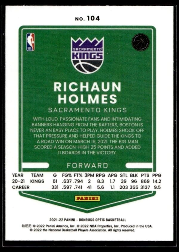 2021 Donruss Optic Sacramento Kings #104 Richaun Holmes