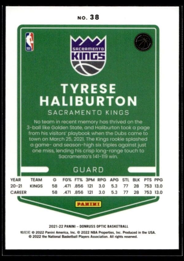 2021 Donruss Optic Sacramento Kings #38 Tyrese Haliburton