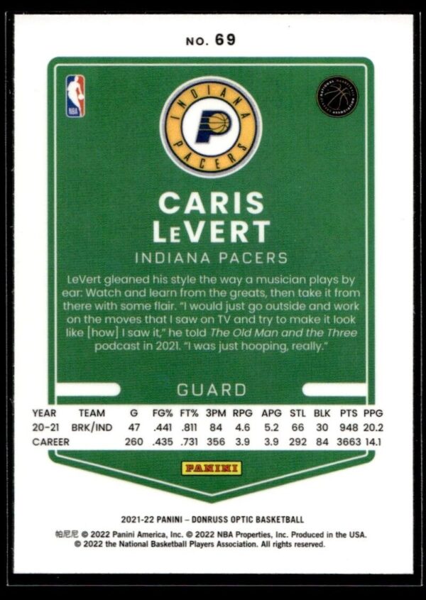 2021 Donruss Optic Indiana Pacers #69 Caris LeVert