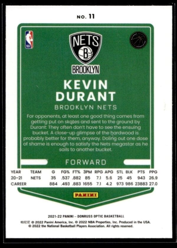 _10 2021 Donruss Optic Brooklyn Nets #11 Kevin Durant