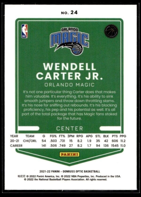 2021 Donruss Optic Orlando Magic #24 Wendell Carter Jr.