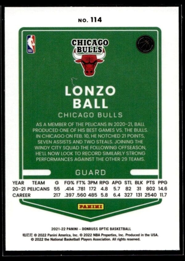2021 Donruss Optic Chicago Bulls #114 Lonzo Ball