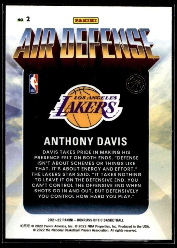 2021 Donruss Optic Air Defense Los Angeles Lakers #2 Anthony Davis
