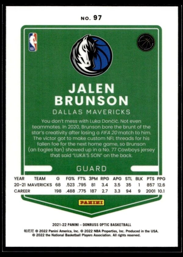 2021 Donruss Optic Dallas Mavericks #97 Jalen Brunson
