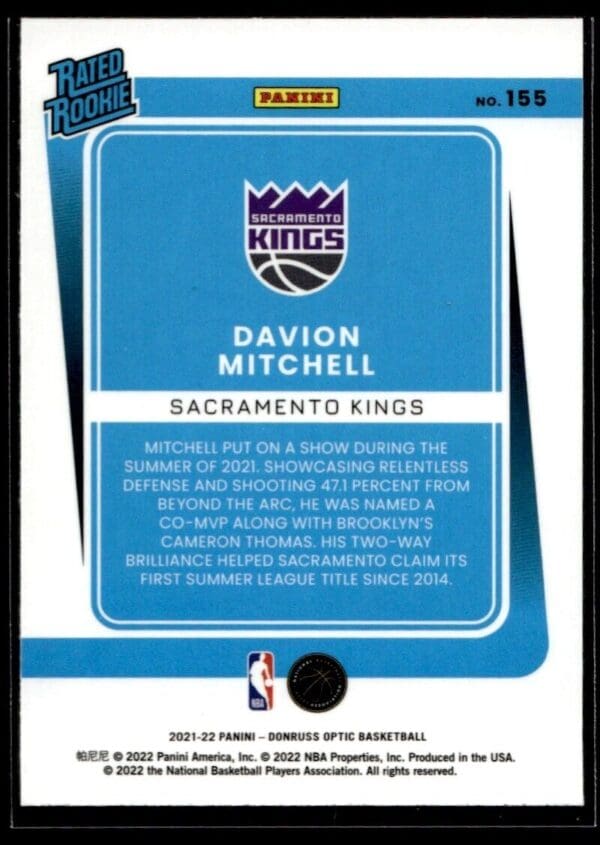 2021 Donruss Optic Sacramento Kings #155 Davion Mitchell RC Rookie