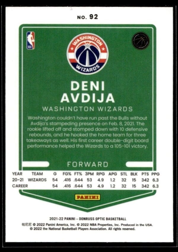 2021 Donruss Optic Washington Wizards #92 Deni Avdija