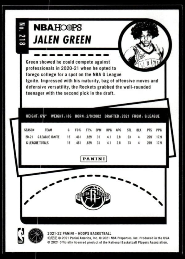 2021 NBA Hoops Houston Rockets #218 Jalen Green RC Rookie