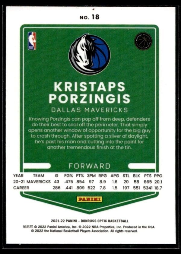 _10 2021 Donruss Optic Dallas Mavericks #18 Kristaps Porzingis
