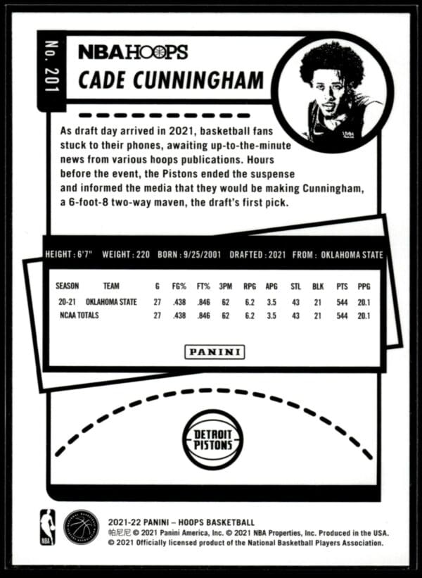 2021-22 Hoops Cade Cunningham Rookie Detroit Pistons #201