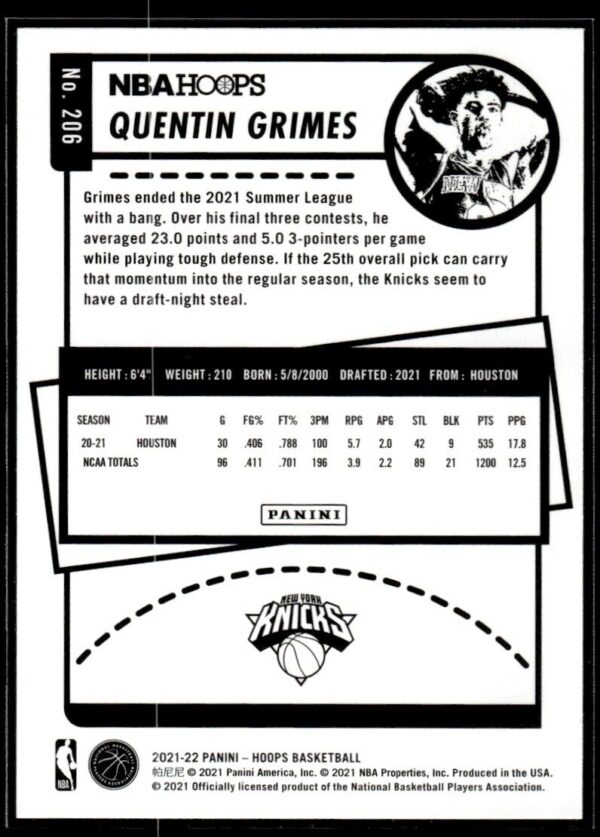 2021 NBA Hoops New York Knicks #206 Quentin Grimes RC Rookie