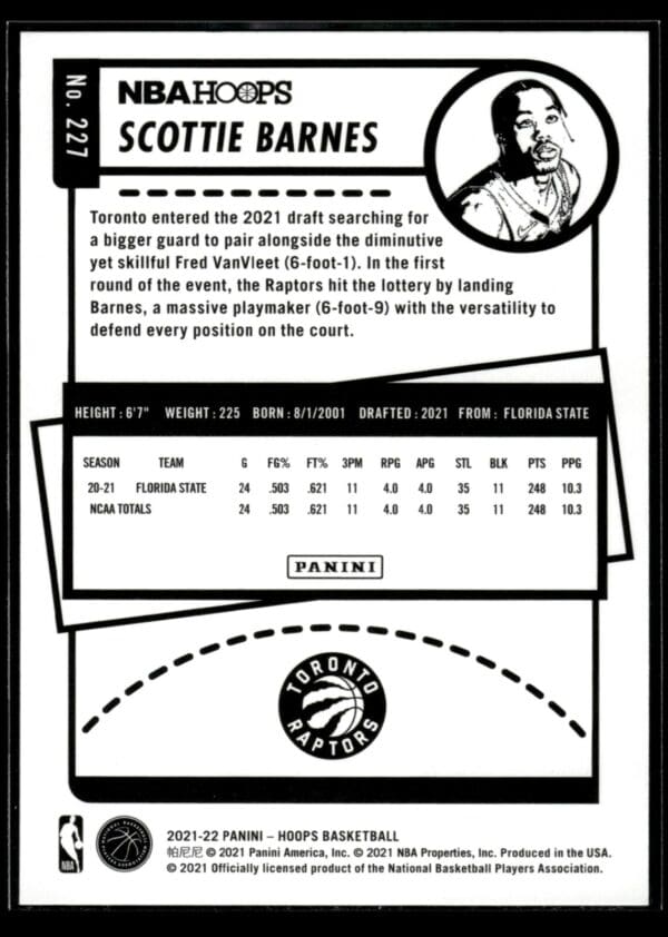 2021-22 Hoops Scottie Barnes Rookie Toronto Raptors #227