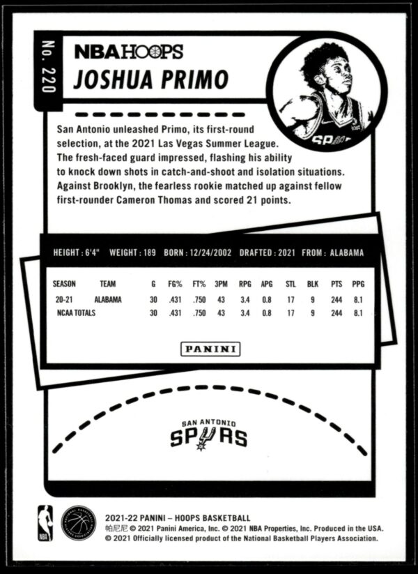 2021-22 Hoops Joshua Primo Rookie San Antonio Spurs #220