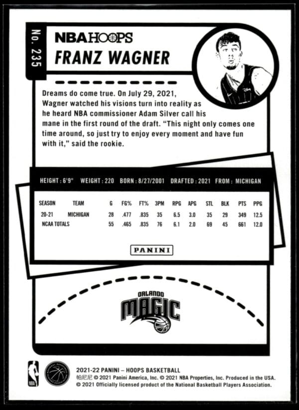 2021-22 Hoops Franz Wagner Rookie Orlando Magic #235