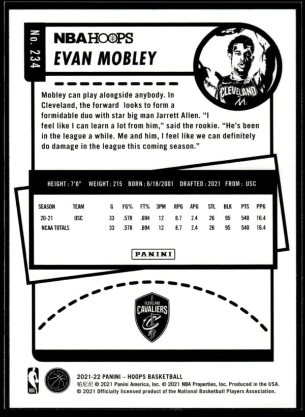 _10 2021-22 Hoops Evan Mobley Rookie Cleveland Cavaliers #234