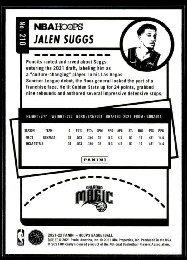 2021-22 Hoops Jalen Suggs Rookie Orlando Magic #210