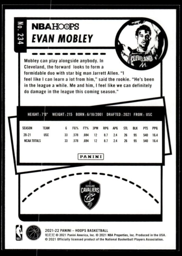 2021 NBA Hoops Cleveland Cavaliers #234 Evan Mobley RC Rookie