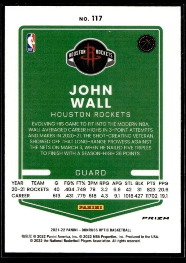 2021 Donruss Optic Houston Rockets #117 John Wall Holo