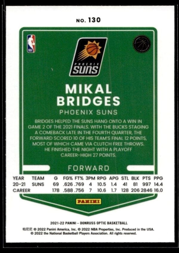 _10 2021 Donruss Optic Phoenix Suns #130 Mikal Bridges