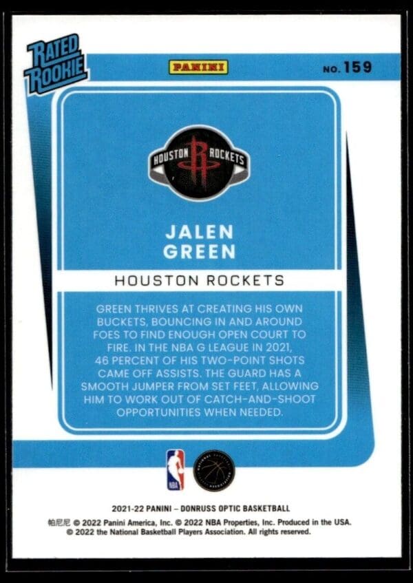 2021 Donruss Optic Houston Rockets #159 Jalen Green RC Rookie