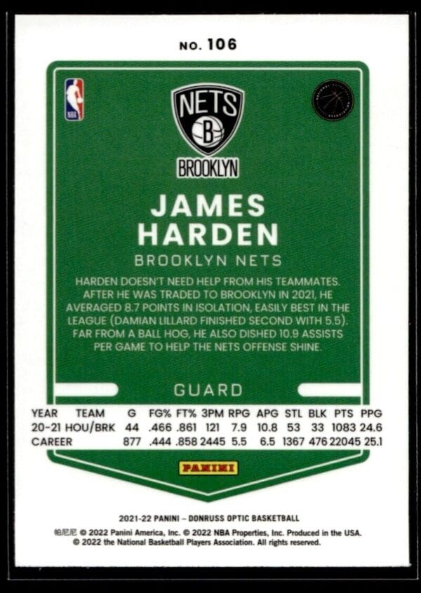 _10 2021 Donruss Optic Brooklyn Nets #106 James Harden