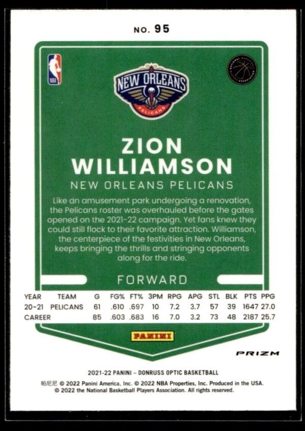 2021 Donruss Optic New Orleans Pelicans #95 Zion Williamson Purple