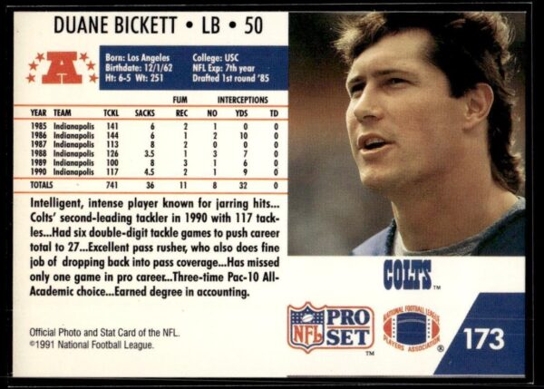 1991 Pro Set Indianapolis Colts #173 Duane Bickett