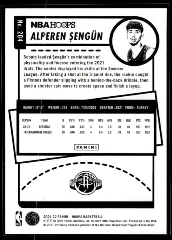 2021 NBA Hoops Houston Rockets #204 Alperen Sengun RC Rookie