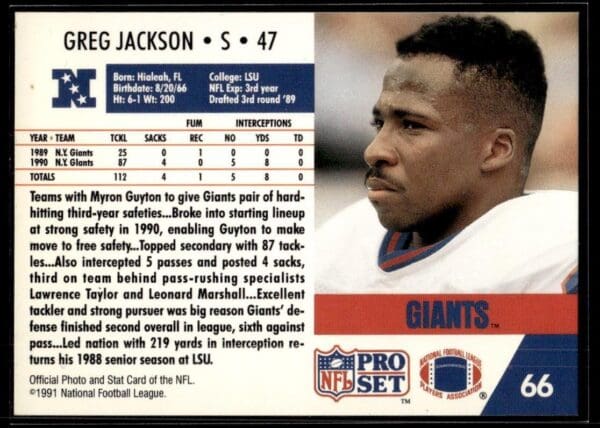 1991 Pro Set New York Giants #66 Greg Jackson RC Rookie