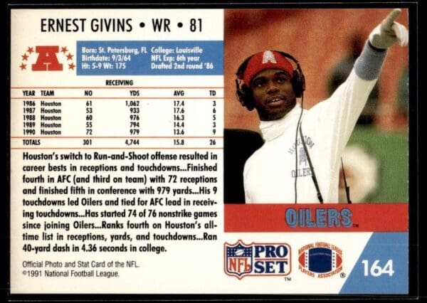 1991 Pro Set Houston Oilers #164 Ernest Givins