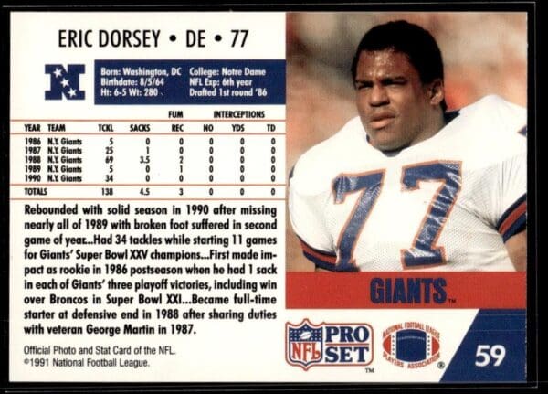 1991 Pro Set New York Giants #59 Eric Dorsey